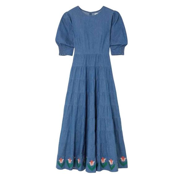 RIXO Kristen Tiered Embroidered Chambray Denim Maxi Dress Size US 6 - Picture 14 of 14